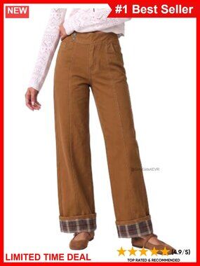Wide Leg Jeans High Waisted Plaid Cuffed Hem Denim Pants